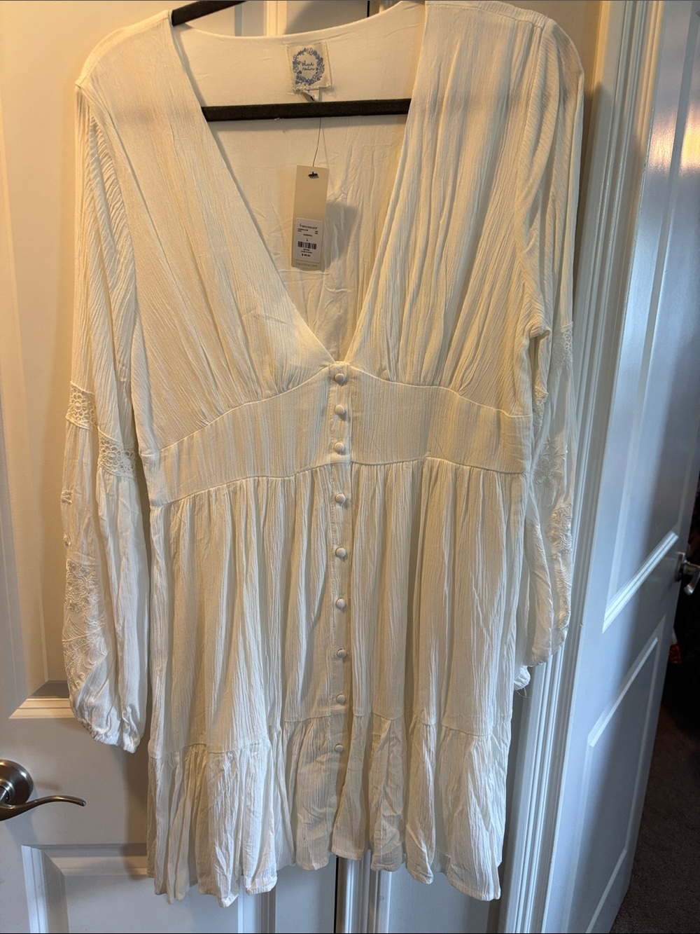 Francesca's blue rain white long sleeve V-Neck Button-Front Dress